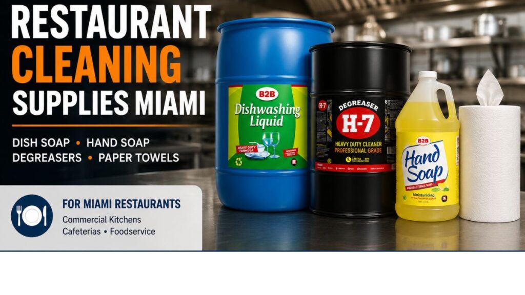 Restaurant cleaning supplies in Miami including commercial dishwashing liquid, hand soap, H-7 degreaser and center pull paper towels for restaurants and foodservice businesses.
