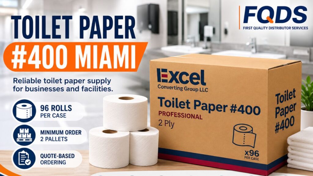 Toilet Paper #400 Miami with 96 rolls per case for commercial facilities supplied by FQDS.
