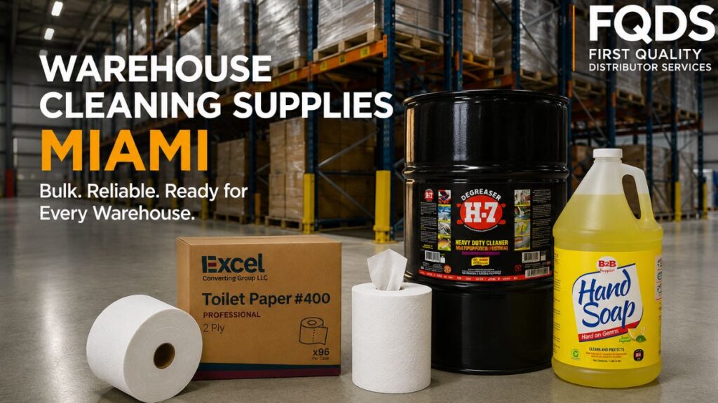 Warehouse Cleaning Supplies Miami featuring H-7 Degreaser, hand soap, toilet paper and center pull towels.